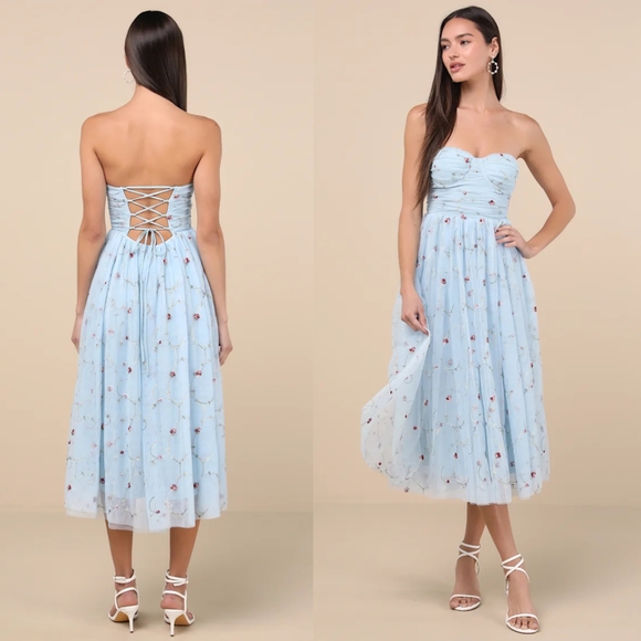Lulus Dresses & Skirts - ☆Lulus Kiley Light Blue Embroidered Strapless Midi Dress☆